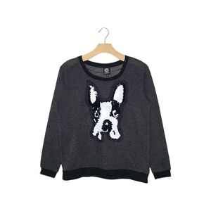Bobeau Dark Gray Crewneck Sweater with Sequined Boston Terrier Dog Design
